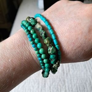 Vintage 4 Stand Natural Turquoise Beaded Sterling Silver Toggle Artisan Bracelet